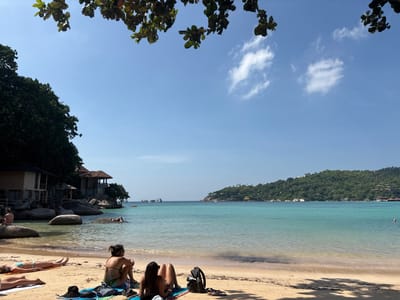 This image depicts a serene, sunny day at a tropical beach, likely in ตำบล เกาะเต่า, Thailand, as indicated by the location context.
The scene showcases a picturesque bay with clear, calm turquoise waters meeting a light sandy shore. The backdrop consists of lush green hills densely covered with tropical trees, with several bungalows or resort buildings nestled into the hillside on both the left and right sides of the bay. The upper part of the frame is adorned by the green leaves of an overhead tree, casting dappled shadows on the sand in the foreground.
Several people are engaged in leisure activities on the beach. In the mid-ground, two women are seated upright on beach mats or towels, facing the water, appearing to relax. One wears a green bikini bottom, while the other is in a darker one, with a black backpack and a hat beside them. Closer to the water's edge, two individuals are lying face down, sunbathing, one of whom is visible in light blue swimwear. Further to the left, another person is partially submerged near large rocks in the shallow water, and a person is lying on a large rock in the water. In the distance, a solitary person is visible swimming in the clear sea. Several boats, including what appear to be longtail boats or small yachts, are anchored in the bay.
The time of day appears to be mid-morning or early afternoon, characterized by bright sunlight and a clear, brilliant blue sky dotted with a few small, wispy white clouds. The overall atmosphere is one of relaxation and holiday. There is no visible text in the media file.