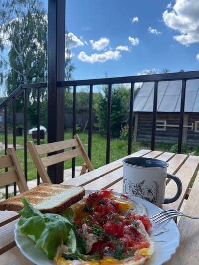 The image depicts an outdoor breakfast scene, suggesting a peaceful meal on a veranda or balcony, likely in a rural setting such as Новая Тура, Russia.
In the foreground, a light-colored wooden slatted table holds the meal. A white plate is laden with food, featuring two fried eggs generously topped with diced red tomatoes, fresh green dill, and possibly yellow bell pepper. A silver fork rests on the edge of the plate. Alongside the plate are two slices of lightly toasted bread and fresh green lettuce leaves. To the left of the plate sits a white ceramic mug with a grey handle, adorned with a delicate black floral or botanical design.
A prominent dark metal railing with glass panels runs across the midground, acting as a boundary between the dining area and the expansive outdoors. Beyond this structure, a lush green landscape unfolds, filled with trees and foliage. A rustic wooden building is partially visible in the distance, further emphasizing the rural environment.
The sky is a vibrant blue dotted with scattered white, fluffy clouds, indicating bright and clear weather, likely during the morning or early afternoon. The overall scene conveys a sense of tranquility and enjoyment of a leisurely meal in nature. There is no visible text in the image.