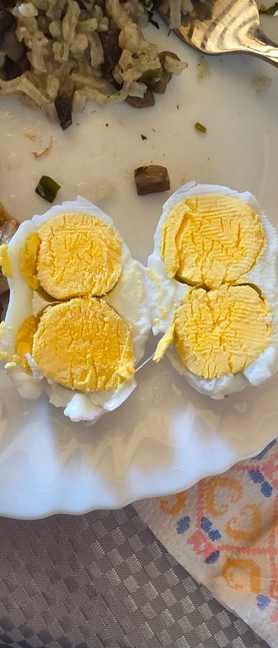 A partially eaten meal is on a white plate. The meal consists of rice with mushrooms and a hard-boiled egg cut in half. The egg yolks are visible. A silver fork is visible on the left side of the plate. The plate is on a table with a patterned tablecloth. The image was taken indoors. The location and city of Novachene, Bulgaria are not discernible from the provided image.