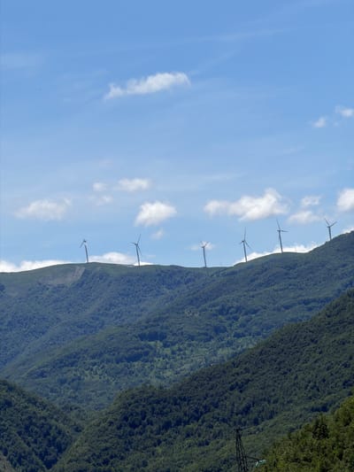 The image presents a serene panoramic view of a mountainous landscape under a bright, clear blue sky dotted with scattered white, wispy clouds. A prominent mountain ridge, densely covered in dark green forest, stretches horizontally across the middle ground. Along the crest of this ridge, a row of at least seven tall wind turbines stands, their slender white towers and blades visible against the sky, indicating a wind farm.
In the foreground, on the right side of the image, the top section of a high-voltage power line pylon emerges from the dense treeline, suggesting interconnected energy infrastructure. The mountain slopes appear to recede into the distance, with lighter green, hazy peaks hinting at further mountainous terrain in the background.
The scene is captured in broad daylight, likely midday or early afternoon, characterized by vibrant colors and excellent visibility. The weather appears fair and calm, with only light clouds. This landscape, featuring both natural beauty and renewable energy technology, is characteristic of the mountainous region around Šavnik, Montenegro. No human figures or specific activities are visible, and there is no discernible text in the image.