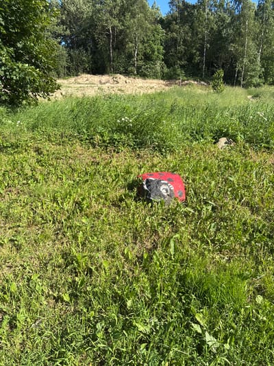 The image shows a close-up view of a marker partially submerged in lush green grass. The marker is red with black spots and white paint details, suggesting it might be decorated to resemble a ladybug, with a black circular design and what appears to be the number "10" painted in white. The marker is positioned on a grassy slope, with more dense vegetation visible in the background. To the left of the grassy area, a wooded area with trees and a clear blue sky can be seen. The lighting suggests it is daytime, likely sunny due to the bright illumination and clear sky. The environment appears to be natural and outdoors, possibly a park, field, or roadside. No people are visible in the image. The text "10" is clearly visible on the marker. The scene is static, with no activity taking place other than the natural growth of the vegetation. The location context is Янино-2, Russia.
