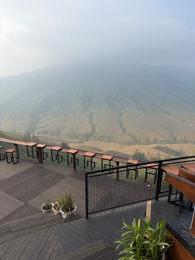 The image depicts an outdoor seating area with a view of a misty, mountainous landscape in Ngadas, Indonesia. In the foreground, a wooden deck with a tiered structure serves as a seating area. Several minimalist stools with wooden seats and black metal frames are arranged along a wooden railing overlooking the valley. Potted plants, including a lush green plant in a concrete pot and two smaller plants in white pots, are placed on the deck. A metal fence separates the seating area from a lower level, where additional wooden tables and benches are visible. The background is dominated by rolling hills covered in dry grass, partially obscured by a thick layer of fog or mist, creating a hazy and atmospheric scene. The sky is overcast and bright. A distant bird is visible in the sky.