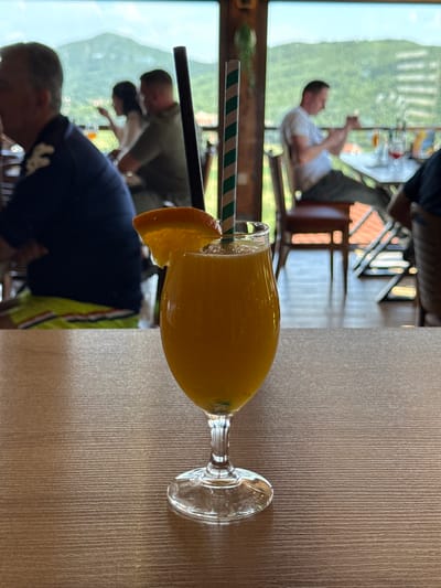 A close-up shot focuses on a glass of orange juice with an orange slice garnish. The glass, with a stemmed base, rests on a textured surface that appears to be a wooden table. A striped straw, green and white, is inserted into the drink. In the background, visible through a window or open structure, are out-of-focus figures of people. One person in the mid-ground is seated and appears to be relaxing. Another person in the foreground is partially visible, wearing a dark blue top and green shorts with colored stripes. The overall impression is a casual setting, possibly a cafe or restaurant, with an outdoor view of greenery and buildings. The lighting suggests it is daytime. The provided location context of Miločani, Montenegro, hints at a Mediterranean or Balkan setting, which might be consistent with the lush greenery and architecture seen in the background. There is no visible text in the image.