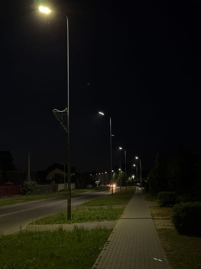 The image depicts a street scene at night in Zhodzina, Belarus. The perspective is from a low angle, looking along a paved sidewalk next to a road. Several streetlights are visible, illuminating the path and the surrounding grass and trees. In the foreground, a large streetlight with a bright bulb dominates the left side of the frame. Further down the road, a series of streetlights line the sidewalk, creating a warm glow.

The scene is dark, indicating nighttime. The air appears still, with no indication of rain or strong winds. The presence of streetlights and a paved sidewalk suggests an urban or suburban environment. The foliage on the right side of the image appears dense, with trees and bushes lining the area. Some buildings are partially visible in the background, suggesting a residential or commercial area.

No people are visible in the image. The overall mood is quiet and tranquil, characteristic of a peaceful night in a well-lit street. The image does not contain any visible text.