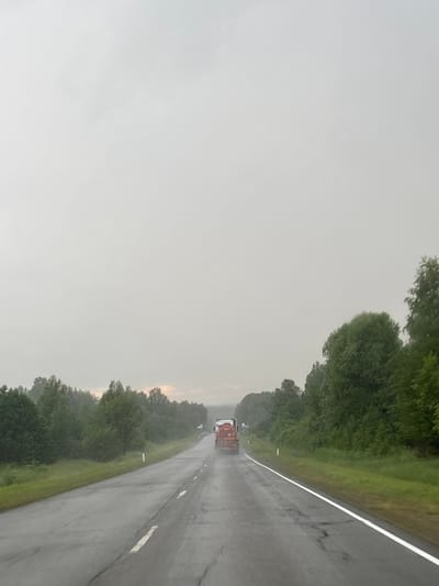 The image depicts a road scene in Bol'shoi Talmaz, Russia, under overcast and possibly rainy conditions. The road is wet, with visible cracks and a white dashed line marking the lanes. Trees line both sides of the road, forming a dense green border. In the distance, a red and white truck is driving away from the camera. The sky is a uniform pale grey, with a hint of lighter color low on the horizon, suggesting either dawn or dusk. The overall atmosphere is muted and somber, characteristic of a cloudy day. There are no people visible in the image.