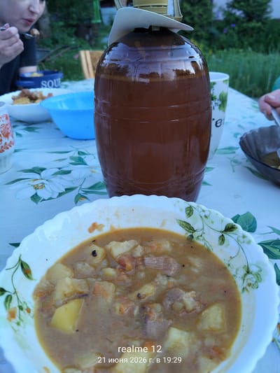An outdoor table is set with a meal, including a bowl of stew and a large brown jug. In the background, a person is eating from a bowl. The table is covered with a floral tablecloth. The setting appears to be a backyard or garden, with greenery visible in the background. The timestamp at the bottom of the image indicates it was taken on June 21, 2026, at 19:29. The location is identified as Космос-2 Снт, Russia.