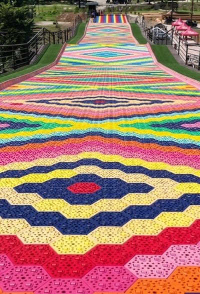 The image depicts a brightly colored, elaborate slide structure at an outdoor recreational area in Bintang Meriah, Indonesia. The slide is covered in a vibrant, pixelated pattern of horizontal stripes and hexagonal tiles, primarily in shades of pink, orange, yellow, blue, green, and red. The pattern is symmetrical and creates a visually striking effect. The slide descends from a higher elevation, with people visible at the top, appearing to be queuing or preparing to use the attraction. The surrounding environment includes lush green artificial turf on either side of the slide, black metal railings, and some trees and structures in the background, suggesting a park or amusement area. The overall scene conveys a sense of fun and activity.