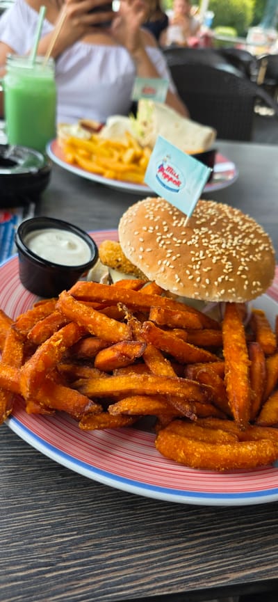 In the city of Wietzendorf, Germany, a plate of food is presented on a wooden table. The plate, with red and white stripes and a blue rim, holds a generous portion of sweet potato fries. In the background, a hamburger with a sesame seed bun is visible, partially obscured by the fries. A small black dish contains a white dipping sauce. Further in the background, a light green beverage in a mason jar with a straw is present. Other food items, including what appears to be a wrap and more fries, are also on the table, along with small branded flags. In the blurred background, two individuals are seated at the table, with one holding a smartphone. The overall scene depicts a meal at an outdoor dining establishment, indicated by the natural lighting and the presence of greenery in the distant background.