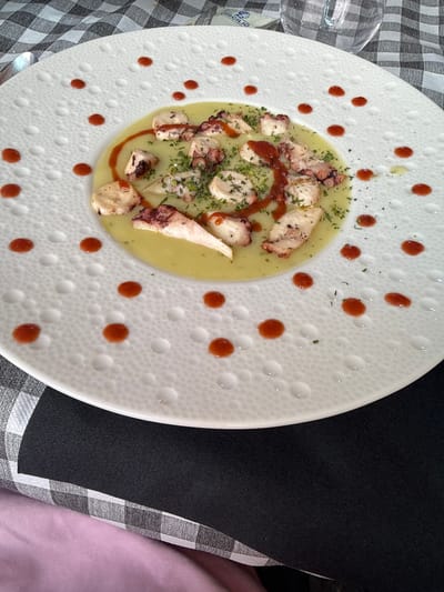 A close-up, overhead shot shows a white, textured plate with a circular indentation in the center. This indentation holds a pale green soup with pieces of cooked octopus, sprinkled with chopped herbs and drizzled with a reddish sauce. The outer rim of the plate is decorated with numerous small, raised dots and is further embellished with scattered droplets of the reddish sauce. The plate rests on a black placemat, which is partially covered by a black and white checkered cloth. A pink fabric is visible beneath the checkered cloth on the left side. In the upper right corner, a partially visible wine glass and a small paper napkin with the text "ARGILIO" are present. The scene appears to be set in Finale Ligure, Italy.