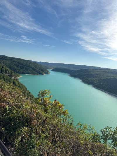 The image captures a serene panoramic view of the Lac de Vouglans, a man-made lake located in the Jura region of France, near the commune of Moirans-en-Montagne. The viewpoint is from a slightly elevated position, overlooking the vast expanse of turquoise water. Lush, green, tree-covered hills flank the lake, their slopes gently receding into the distance. The sky above is a clear, vibrant blue, dotted with wispy white clouds and traversed by faint contrails from aircraft. In the foreground, the edge of dense green foliage and dry branches creates a natural frame for the scene. A few small boats are visible on the tranquil water, leaving subtle wakes. The overall impression is one of natural beauty and peacefulness.