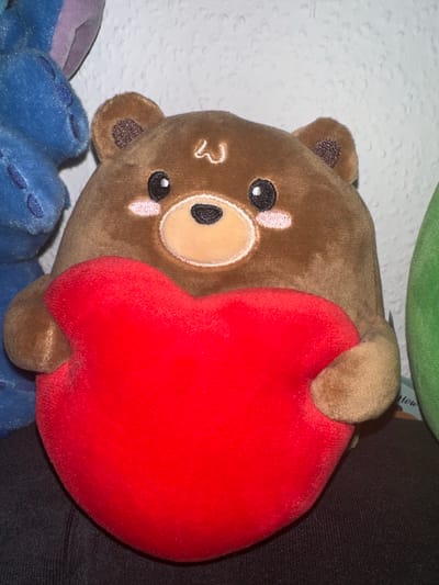 A close-up photograph shows a plush, brown teddy bear holding a red, heart-shaped pillow. The bear has embroidered facial features including eyes, nose, and cheek details. Part of a green plush object is visible at the top edge of the frame. A blue plush object is seen at the bottom left of the frame. A black surface is on the right side of the frame. The background is a textured white surface. There is no evidence in the photograph to determine the location in the city of Herxheim, Germany.