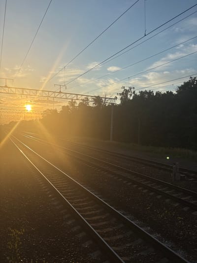 This image captures a serene sunset over a set of train tracks, likely located in the vicinity of Варатынскі сельскі Савет, Belarus. The warm, golden light of the setting sun bathes the scene, casting long shadows and creating a hazy, ethereal atmosphere. Multiple parallel train tracks stretch into the distance, their gravel beds and sleepers clearly defined. Overhead, a complex network of power lines and supporting structures for an electric railway crisscrosses the sky, silhouetted against the pale blue and cloudy firmament. Dense foliage, characteristic of a natural or park-like setting, lines the right side of the tracks, adding a touch of green to the predominantly warm-toned image. The overall impression is one of quiet tranquility and the vastness of the open landscape.