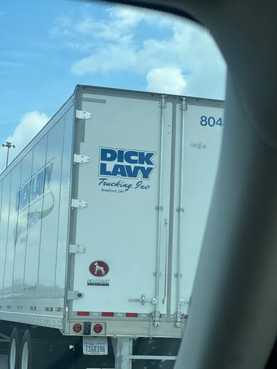 The image shows the back of a white semi-trailer truck. The truck has "DICK LAAVY Trucking, Inc." printed in blue on the right side. Above the text, "804" is also printed in blue. Below the text is a red oval logo with a dog silhouette. A license plate that reads "TSG8396" is visible at the bottom. The truck appears to be parked in a lot, with the sky and clouds visible in the background. The image was taken from inside a vehicle, as evidenced by the blurred foreground elements which resemble a car's interior. There are no people or specific landmarks that would indicate a location in Richmond Hill, United States of America.