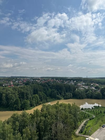 The image presents a panoramic view of a semi-rural landscape under a partly cloudy sky. In the foreground, dense, lush green trees dominate, with a lighter colored river, appearing murky brown, cutting through the vegetation.

Beyond the river, a settlement of residential houses is visible, nestled amidst more trees. The houses are varied in style and color, suggesting a community with individual properties. Further in the distance, a line of trees forms a backdrop to the settlement, and beyond that, a hazy horizon hints at more distant features.

To the right of the image, a developed area is visible featuring a park with paved pathways, lampposts, and well-maintained green spaces. A few parked cars are present, indicating this is an accessible area.

The sky is a mix of blue with scattered white clouds, suggesting daylight and fair weather. The overall impression is one of a tranquil, suburban or semi-rural environment, likely in a temperate climate. The scene depicts a harmonious blend of natural elements and human habitation.
