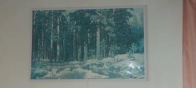 A framed painting depicting a forest scene with a stream is hanging on a light-colored wall. The painting features tall, dense trees with a bluish-green hue, suggesting a cool-toned forest. A small stream or body of water flows through the foreground, with rocks and sparse vegetation along its banks. The overall style of the painting is realistic. To the right of the painting, a portion of a pinkish-brown curtain is visible. The image does not contain any elements that would allow for the identification of its specific location in Kandyagash, Kazakhstan, or any people.
