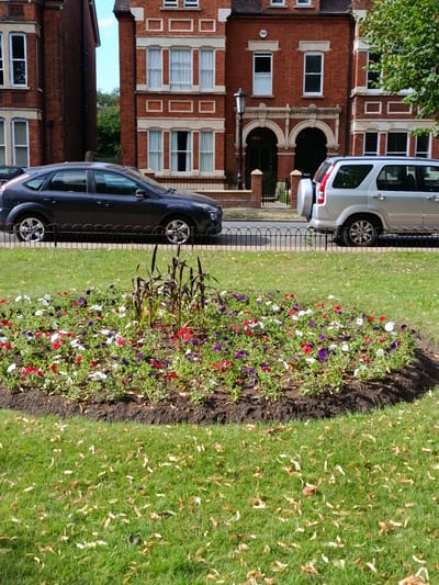 A dark grey hatchback car is parked on a street behind a decorative metal fence, in front of a red brick building. To the right of the hatchback, a silver SUV is also parked behind the same fence. The street is paved and there are some fallen leaves scattered on the grassy area in front of the fence. A flower bed filled with various colorful flowers, including red, white, and purple petunias, is situated in the foreground. The building behind the cars appears to be a residential property with multiple windows and ornate architectural details. Trees and other greenery are visible in the background, suggesting a suburban or urban environment. The lighting indicates it is daytime with clear skies. The scene is static with no people or animals visible. The location is the city of Bedford, United Kingdom, specifically in front of the buildings on Kimbolton Road, a well-known street in the town.