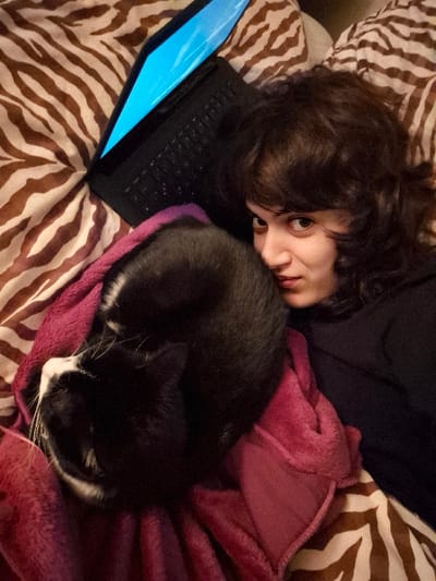 An indoor scene in Châtelaillon-Plage, France, depicts a young female and a cat resting on a bed. A female individual, with dark, wavy hair, is partially visible on the right side of the frame, looking directly towards the viewer. She is wearing a dark, long-sleeved garment. To her left, a black laptop computer is open with its screen displaying a bright blue interface; it rests on the bedding. A black and white cat is curled up on a magenta fleece blanket, positioned between the female and the laptop. The cat's white snout and whiskers are visible. The bed is covered with brown and white zebra-print bedding. The environment appears to be an interior space, likely a bedroom, under soft illumination.