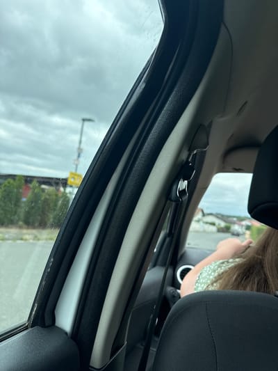 The image is an interior shot of a car, taken from the passenger seat, looking towards the right side of the vehicle and out the window. The weather appears overcast. In the foreground, the interior of the car is visible, including a black seat headrest and a portion of the car's pillar trim. A seatbelt buckle is attached to the pillar. Outside the window, a street or road is visible with some greenery and buildings in the background. There are traffic signs visible on the side of the road. A person's arm and shoulder, wearing a green floral patterned shirt, are visible in the middle ground, suggesting they are either the driver or a passenger in the front seat. The person's hand is resting on the steering wheel or dashboard. The scene appears to be in a suburban or semi-rural area. The specific location in Neukirchen, Germany, is not discernable from the image.