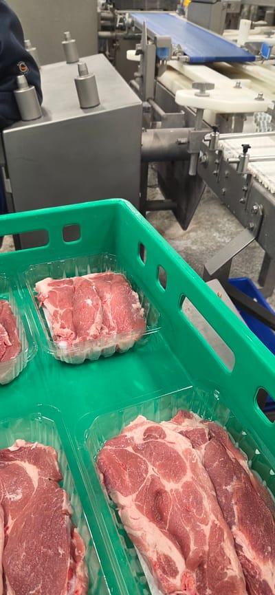 A high-angle, close-up shot depicts a green plastic crate containing packaged raw meat, positioned beside a manufacturing machine. The meat is in clear plastic trays within the crate, with pieces of meat appearing pink and marbled with fat. The manufacturing machine is visible in the background, appearing silver and metallic. The crate is made of light green plastic and has a grid of square and rectangular holes. There is a partial view of a sleeve visible in the bottom left of the shot. The image was potentially taken in a production or processing facility. The location is unspecified and not confirmable in Drinovo, Bulgaria.