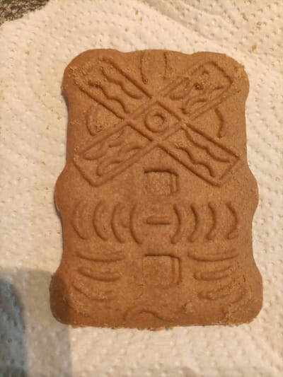 A single, light brown, rectangular baked cookie with sculpted details rests centered on a white, embossed paper towel. The cookie's design includes, from top to bottom: an "X" shape formed by two crossing elements with wavy lines along their length and a central circle; a horizontal rectangular shape; a central horizontal bar flanked by three concentric curved lines on each side; another horizontal rectangular shape; and two outward-curving wavy lines at the base. Fine crumbs are scattered on the cookie and the surrounding paper towel, which features a grid of small circular indentations. The scene is illuminated from above, casting a subtle shadow to the left of the cookie. This image depicts a scene in Royton, United Kingdom.