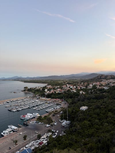 The image shows a panoramic view of the port and town of Santa Maria Navarrese, Italy, from an elevated vantage point, likely at dusk. The sky is a soft gradient of pale blue and pink, with wispy clouds.

In the foreground, a dense marina is filled with numerous sailboats and motorboats of varying sizes, docked in neat rows. Some boats are on trailers on the shore, and a travel lift is visible near the water's edge. A paved area, likely a parking lot, is adjacent to the marina.

Beyond the marina, the town of Santa Maria Navarrese unfolds, characterized by red-tiled roofs and white and ochre-colored buildings nestled amongst lush green trees and vegetation. A winding road snakes through the town.

In the background, a tranquil bay leads to a curved coastline with a sandy beach and a dense forest. Distant hills and mountains, partially obscured by haze, form the horizon. A single, light-colored building stands out amidst the dense greenery on a hillside overlooking the town and sea. The overall impression is one of a peaceful coastal settlement at the end of the day.