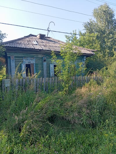 An aged, green wooden house with a corrugated roof stands amidst overgrown vegetation in Novokopylоvо, Russia. The house has decorative window frames and shutters, some of which are ajar. A weathered wooden fence runs in front of the house, partially obscured by tall grasses and wildflowers. A metal mailbox is attached to the fence. Power lines are visible overhead against a clear blue sky. The overall scene depicts a rural or semi-rural setting, likely an abandoned or neglected property, with a focus on the rustic architecture and the encroaching natural elements.