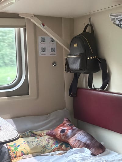 The image shows the interior of a train compartment in the city of Kechevo, Russia. The compartment is equipped with a fold-out shelf, a hook for hanging items, a window with a view of greenery, and a bed with pillows and blankets. A black backpack is hanging on the hook, and a cat-shaped pillow is placed on the bed. There are also QR codes displayed on the wall. The overall scene suggests a travel environment, likely within a passenger train.