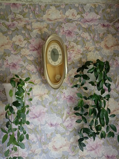 A gold-colored oval clock with a pendulum hangs on a wall covered in floral wallpaper. Two potted plants with cascading green vines hang on either side of the clock. The clock face is white with black numbers and hands. The wallpaper features large, pale pink and white flowers with green leaves on a light gray background. The image appears to be taken indoors, likely in a residential setting in Horlivka, Ukraine.