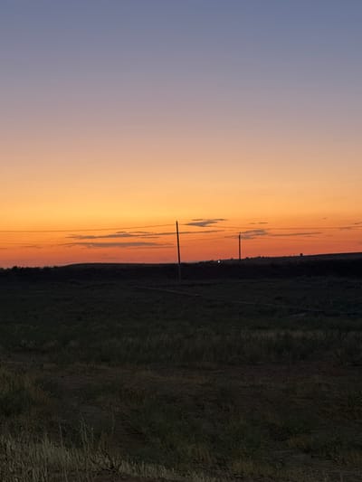 The image captures a rural landscape at dusk, with a gradient of colors in the sky transitioning from a pale blue at the top to a vibrant orange and pink near the horizon. Two wooden utility poles stand in a dark, grassy field. One pole is more prominent in the right-center of the frame, with a power line extending horizontally from it. The other pole is further to the left, partially obscured by the field. In the distance, a faint line of trees or buildings is visible against the horizon. The foreground is dominated by the dark, textured expanse of the field, with dry grass and subtle undulations in the terrain. The overall scene suggests a quiet, remote setting in the village of Zhibek Zholy, Kazakhstan, during the twilight hours.