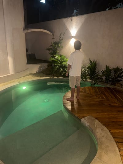 An outdoor scene at night in El Nido, Philippines, depicts a private swimming pool area enclosed by light-colored, textured walls. A lone individual, viewed from behind, stands barefoot on a curved wooden deck bordering a segment of the pool. The person wears a white short-sleeved t-shirt and light-colored shorts, possessing dark, curly hair. Their posture indicates they are observing the illuminated wall and surrounding tropical foliage.
The pool features light blue-green water, brightly lit by submerged green lights, with concrete steps descending into it on the left. A circular drain is visible on the pool floor. The wooden deck, characterized by radial planking, is visibly wet. Adjacent to the pool and extending to the wall, a bed of light-colored gravel separates the water from various green plants, including large-leafed tropical specimens and smaller shrubs, interspersed with large, dark rocks.
A prominent arched alcove is present in the wall on the left side of the scene, appearing dark within. A wall-mounted light fixture, emitting light upwards and downwards, illuminates the wall directly behind the standing individual. The overall ambiance is dimly lit, with artificial light sources providing focal illumination.