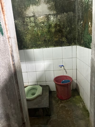 This image captures the interior of a highly unsanitary and dilapidated restroom facility within Nam Hải Lăng Commune, Vietnam. The upper sections of the concrete walls are extensively covered with a thick, dark green and black organic growth, consistent with mold or algae, suggesting chronic dampness and poor ventilation. Below this, the walls are partially tiled with small, square white ceramic tiles, their grout lines discolored and dark. The concrete floor is visibly wet, stained, and exhibits patches of similar green organic growth, particularly in the corner. In the left foreground, a light green ceramic squat toilet is set into a raised concrete platform. On the right, a simple blue-handled faucet protrudes from the tiled wall. Directly beneath the faucet, a large, dark red plastic bucket contains a smaller, light blue plastic basin. No individuals or animate subjects are present, and no actions or interactions are occurring. The environment conveys a severe lack of maintenance and hygiene.