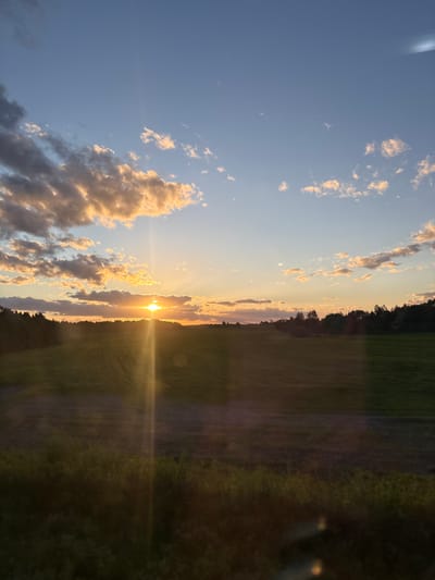 The image captures a sunset scene in Мажэйкаўскі сельскі Савет, Belarus. The sun is positioned at the horizon, radiating light across a field. Part of the field is green, while a small section is brown and appears to be a dirt path. Above the field and horizon, the sky is blue with clouds illuminated by the setting sun. A line of trees is positioned between the field and the sun.