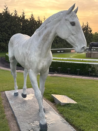 The photograph shows a life-size, grey horse sculpture located in the Borough of Spelthorne, United Kingdom. The statue is positioned on a stone plinth, set within a grassy area adjacent to what appears to be a racecourse or sporting ground, evidenced by white fencing and stadium seating in the background. The sky is visible in the upper left of the frame, showing hues of orange and yellow, indicating either sunrise or sunset. A dense line of trees forms a backdrop on the left side of the statue. Another, dark-colored, horse sculpture is faintly visible in the distance.
