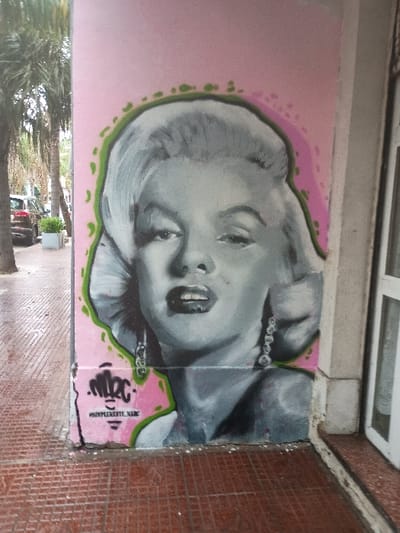 A graffiti mural of Marilyn Monroe on a pink wall in San Fernando, Argentina. The mural is located on the corner of a building, and depicts Monroe with her iconic blonde hair and a serious expression. The graffiti artist has added green details around her face. There are also red tiles on the sidewalk in front of the building. The coordinates provided (latitude: -34.435, longitude: -58.566) place the building in San Fernando, Argentina.