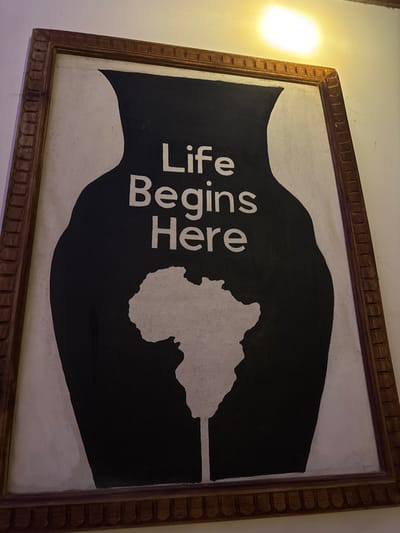 A framed picture shows the words "Life Begins Here" in white, vertically stacked and centered. The background is a dark silhouette of a human form. Within the silhouette, a light-colored outline represents the continent of Africa. The frame is ornate and wooden. A light source is visible to the left of the picture, casting a glow on the wall.