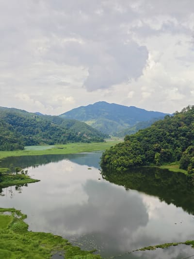 The image depicts a serene natural landscape in Rupakot, Nepal, characterized by a tranquil lake reflecting the overcast sky and surrounding lush green hills. The foreground features the calm surface of the lake, with patches of vibrant green grass and vegetation along its edges. In the mid-ground, the lake curves around a densely forested hillside, which is teeming with trees. Beyond this, rolling hills covered in vegetation stretch into the distance, culminating in a range of larger, hazy mountains under a cloudy sky. The scene conveys a sense of peace and natural beauty.
