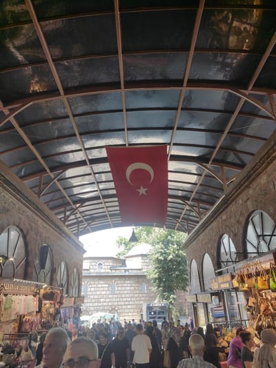 This image captures a bustling scene within a covered marketplace, likely in Osmangazi, Turkey. The focus is on the vibrant atmosphere of the market, with a crowd of people navigating through stalls displaying various goods.

Dominating the upper center of the image is a large Turkish flag, its red fabric and white crescent and star a prominent symbol. The ceiling of the market is a striking architectural feature, made of wooden beams supporting a translucent, possibly plastic or glass, covering that allows diffused light to filter through, creating a grid pattern. This canopy extends over the walkway, offering shelter to shoppers and vendors.

On either side of the walkway, brick buildings with arched windows house market stalls. To the left, one stall displays an array of children's clothing, with racks of pastel-colored garments. Further down, bags and other accessories are hung for sale. To the right, another stall features a colorful assortment of handbags and other items. In the background, a traditional-looking building with arched windows and a dome suggests the presence of historical architecture, possibly a mosque or an old civic building. Trees are visible beyond the market's structure, indicating an outdoor element to the surroundings.

The crowd appears to be diverse, with men, women, and children of various ages. The expressions and interactions are not clearly discernible due to the distance and resolution, but the general impression is one of active commerce and pedestrian traffic. The time of day appears to be daytime, with the sunlight filtering through the canopy and illuminating the scene. The weather seems fair, as people are dressed in light clothing.

Visible text includes "GEBERIUM ÇOCUK GİYİM" on a sign above the children's clothing stall. Another sign reads "ZABITA" with some Turkish characters below. The general mood seems lively and commercial.