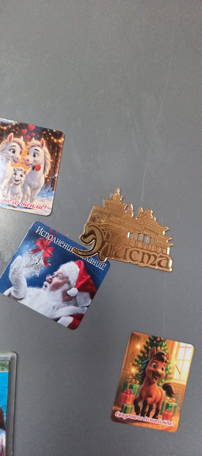 The image is a close-up of a magnetic board, likely a refrigerator, with several magnets attached. The board is a plain, gray surface.
On the left side, there are two magnets. The top one features three cartoon horses, two adults and one foal, with hearts and lights in the background. Below this is a magnet with a depiction of Santa Claus holding a sparkling star and a red ribbon. Text is visible on both of these magnets, though not entirely legible.
To the right of the Santa magnet is a metallic, gold-colored magnet shaped like an ornate building with intricate architectural details.
In the bottom right corner, a fourth magnet shows a cartoon horse in front of a Christmas tree and wrapped gifts. Text is also visible on this magnet.
The arrangement of the magnets and the subjects depicted (horses, Santa Claus, Christmas tree, gifts) suggest a theme related to winter holidays and possibly New Year celebrations, which is a prominent holiday in Russia, including Tikhvin. The presence of Russian text on the magnets further supports this geographical and cultural context.