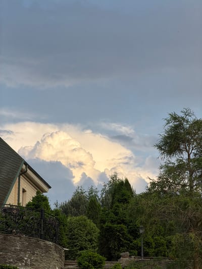 The image presents a partial view of a building with a gray shingled roof and a tan exterior wall. A black wrought-iron railing is visible, along with a stone wall. Lush green trees and foliage fill the right side of the frame. The sky is a prominent feature, filled with a mix of gray and white clouds, suggesting potential inclement weather. The lighting suggests it's either early morning or late afternoon. The image does not depict any people, actions, or interactions. The location is not discernible from the image.