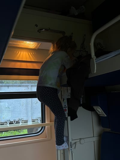 A young girl with blonde hair tied back, wearing a tie-dye t-shirt and polka-dot leggings, climbs on a bunk bed inside a train compartment. The compartment is dimly lit, with a warm yellow light emanating from a ceiling fixture. A window on the left side of the frame shows a gray, industrial exterior with greenery outside. Coats are hung on hooks above the girl, and the bunk bed has blue upholstery. The scene appears to be within a passenger train car, likely in transit. The provided crops offer closer views of the lighting, the girl's clothing, the window scenery, and the interior furnishings of the train car. The location in Topily, Russia, is context provided externally, not discernible from the image itself.