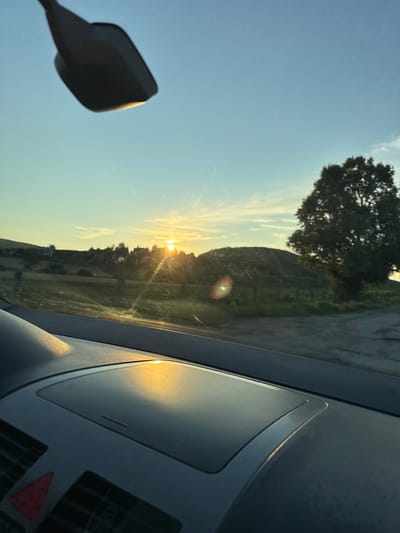 The image is taken from inside a vehicle, looking out the windshield at a sunset. The dashboard of the car is visible in the foreground, with a reflective surface showing the golden light of the sunset. Outside the car, a rural landscape unfolds. Rolling hills are covered with vegetation and trees. A large tree stands prominently to the right of the frame. The sun is low on the horizon, casting a warm glow across the scene and creating lens flares on the windshield. There are no people visible in the image. The location is identified as Rohachyn, Ukraine.