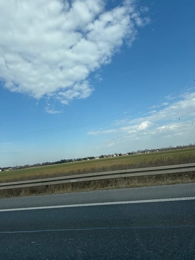 The image displays a panoramic view of a rural landscape near Łomna-Las, Poland, captured from a roadside perspective, likely from a moving vehicle. In the immediate foreground, a dark asphalt road is visible, featuring a solid white line and a dashed white line marking a lane boundary. Parallel to the road, a light grey, two-tier metal guardrail extends across the frame, separating the roadway from an adjacent strip of dry, sparse vegetation. Beyond this, a vast expanse of agricultural fields dominates the midground, showing patches of green and brown vegetation. Along the distant horizon, a scattering of small, light-colored residential buildings (houses) and bare trees suggest a dispersed settlement. Overhead, multiple thin utility lines are visible traversing the sky horizontally. The sky is a clear blue, partially occupied by white cumulus clouds, primarily clustered in the upper left. Several small, dark, bird-like shapes are discernible in flight against the sky in the upper right quadrant. No human figures or discernible activities are present.