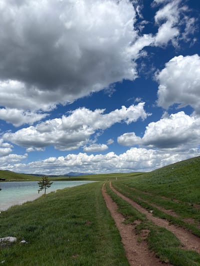 This image depicts a vast outdoor landscape in Javorje, Montenegro, under a partly cloudy sky. The scene is dominated by rolling green hills, a turquoise-colored lake, and a dirt track.

The upper portion of the image features a dynamic sky with a mix of bright white cumulus clouds and darker grey clouds, interspersed with patches of clear blue sky. A large mass of dark grey cloud cover is prominent in the upper left.

The lower two-thirds of the image showcase lush green grass covering gently sloping hills. On the left, a body of water, possibly a lake or large pond, exhibits a distinct greenish-blue hue. A single, small evergreen tree stands near the water's edge in the mid-ground on the left. Further in the distance along the lake's shore, a dark-colored structure, possibly a cabin or shed, is faintly visible. Distant mountain ranges or hills are present on the horizon, partially obscured by clouds.

A two-track dirt path, composed of reddish-brown earth, extends from the mid-foreground on the right, curving gently towards the center-left and receding into the distance. Two small human figures are visible on or near this path in the middle ground; one is more clearly discernible in light-colored clothing, facing away from the viewer. Scattered rocks are visible in the foreground grass on the left and on the grassy slope to the right of the path. The overall impression is one of natural, expansive wilderness.