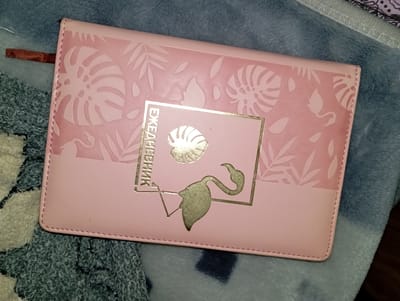 A light pink, rectangular object with a floral pattern and a flamingo illustration is situated on a blue and grey fuzzy surface. The object appears to be a notebook or planner, with the word "ЕЖЕАНЕВНИК" (which translates to "Diary" or "Notebook" in Russian) printed in gold foil on its surface. A small brown ribbon is attached to the left side of the object. The background is a soft, textured fabric. The image is taken from a top-down perspective. There are no people present in the image. The location in Рубёжин ауылдық округі, Kazakhstan, is not determinable from the visual information provided.