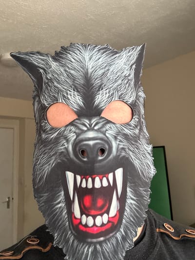 A person is holding a werewolf mask in front of their face. The mask is black and grey with white fur detailing and has eye holes cut out. The mask features a red tongue and white teeth. Part of the person's jacket sleeve is visible on the right side of the image, featuring buttons. The background is blurry, but a wall and a door are visible. The location in the city of Welshpool, United Kingdom, is not discernible from the image.