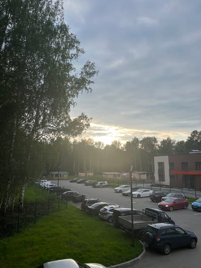 The image depicts a residential area in Prigorodny, Russia, under an overcast sky with patches of sunlight breaking through. In the foreground, a lush green lawn slopes down towards a paved parking lot filled with various cars. A dark blue SUV is parked in the lower right of the frame, facing left. Adjacent to it, a flatbed truck is parked, facing left, with its cargo bed empty. Behind the truck, several other vehicles are parked, including a red sedan, a blue hatchback, a black SUV, and a white hatchback.
To the left of the parking lot, a line of silver birch trees with white bark stands tall, their leaves creating a dense canopy. A wire fence separates the grassy area from a dirt path running alongside the trees.
In the middle ground, a two-story building with brown and white facades is visible, featuring several windows. To the left of this building, smaller structures resembling sheds or garages are present. A line of trees forms a dense backdrop to the scene, with the sun casting a warm glow through them. The overall impression is of a quiet, semi-urban environment with a touch of nature. There are no people visible in the image.