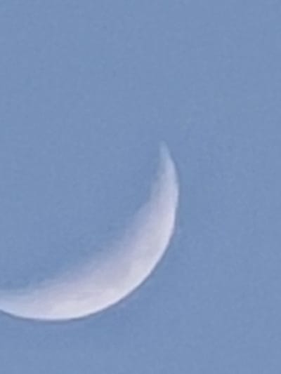 The image displays a waxing crescent moon against a clear, pale blue daytime sky over Qudsaiya, Syria. The moon appears as a slender, white arc, illuminated on its right limb, and extends from the lower-left to the upper-right quadrant of the frame. No individuals, anthropogenic structures, or other celestial bodies are visible within the depicted scene.