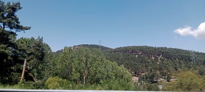 A panoramic shot taken from a vehicle traveling at speed, showing a landscape under a clear blue sky with sparse clouds. The foreground features a blurred section of green trees and vegetation. Beyond this, a densely forested hillside rises, populated with numerous dark green coniferous trees. The trees are clustered together, creating a textured canopy that covers the undulating terrain of the hill. Towards the top of the hill, some bare patches of earth and scattered lighter green vegetation are visible. Two tall, lattice-style electrical pylons are prominent features, one positioned on the crest of the hill and another further down its slope. A road is visible winding through the lower part of the hillside, with a white vehicle driving on it. The scene conveys a sense of natural scenery and infrastructure within a relatively undeveloped area.