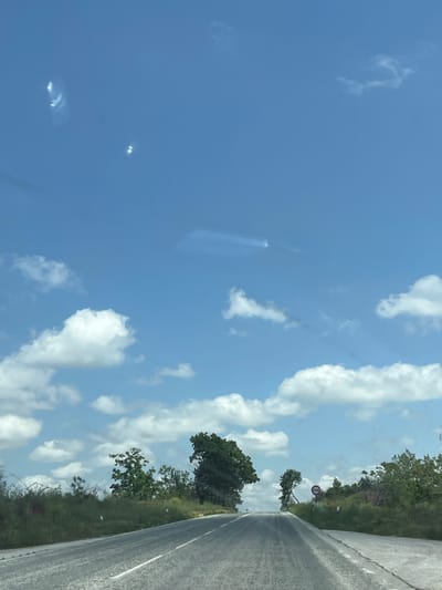 The image shows a view from a vehicle traveling on a road near Kozar Belene, Bulgaria. The road surface is gray and appears slightly wet. The right side of the road is bordered by green vegetation, including trees and bushes. A circular road sign is visible along the roadside. The sky is blue with scattered white clouds. The photo is taken at an angle.