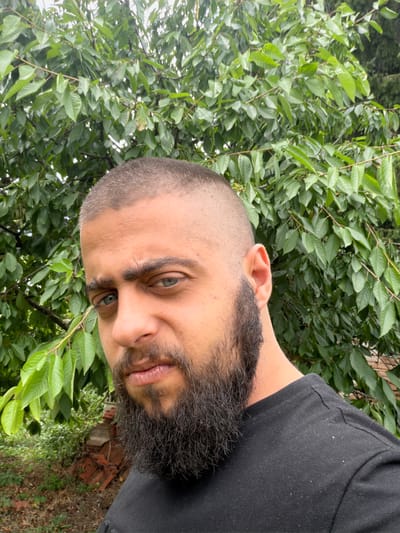A man with a short haircut, bushy eyebrows, and a full beard is looking directly at the camera, with his head slightly tilted. He has blue eyes and is wearing a black t-shirt. He is positioned in front of a lush green tree with many leaves. The background also shows some out-of-focus greenery and a pile of red bricks. The lighting suggests it is daytime. The location is not specified in the image or its crops.